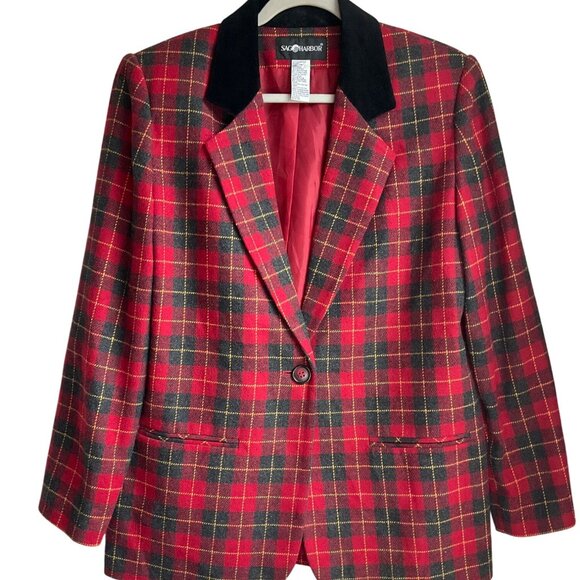 VTG Sag Harbor 10 Red Plaid Wool Bl Blazer Velvet Preppy Old Money Academia - Picture 3 of 10